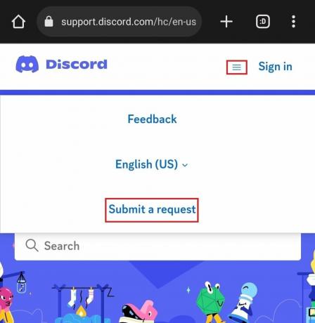 Öffnen Sie die Discord-Support-Website, tippen Sie oben auf das Symbol mit den drei horizontalen Linien und wählen Sie „Anfrage senden“. | Discord 2fa funktioniert nicht