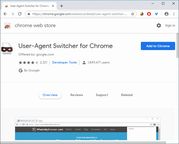 انقر فوق إضافة إلى Chrome لتثبيت ملحق أداة تبديل وكيل المستخدم | الوصول إلى مواقع الويب للجوال باستخدام متصفح سطح المكتب (الكمبيوتر الشخصي)