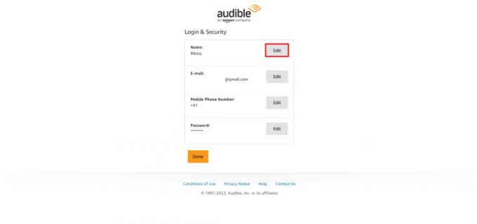 klõpsake nuppu Redigeeri selle detaili kõrval, mida soovite muuta | Kuidas hallata oma Audible'i kontot