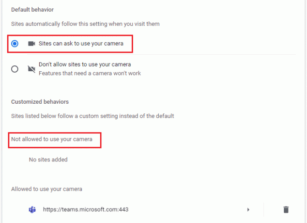Čia pasirinkite parinktį Svetainės, galinčios paprašyti naudoti fotoaparatą ir įsitikinkite, kad komandos nėra įtrauktos į sąrašą Neleidžiama naudoti jūsų fotoaparato. Pataisykite neveikiantį „Microsoft Teams“ vaizdo skambutį