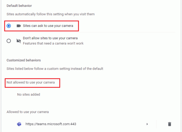 Aquí, seleccione la opción Los sitios pueden solicitar usar su cámara y asegúrese de que Teams no esté agregado en la lista No permitido usar su cámara. Arreglar la videollamada de Microsoft Teams que no funciona
