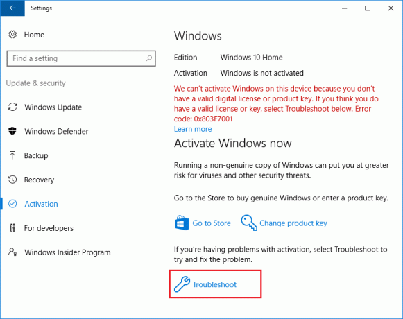 Du kommer att se det här meddelandet Windows är inte aktiverat och klicka sedan på länken Felsök