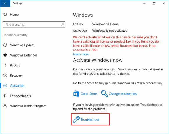 Você verá esta mensagem O Windows não está ativado e clique no link Solução de problemas