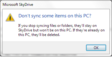 Попередження про вибіркову синхронізацію Sky Drive