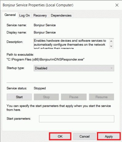 Cliquez sur le bouton Appliquer puis sur OK pour quitter | Qu'est-ce que le service Bonjour sur Windows 10 ?