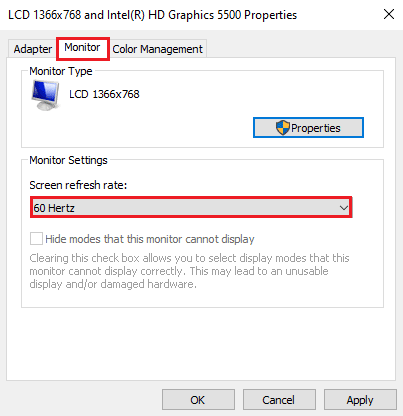 Μεταβείτε στην καρτέλα Οθόνη και κάντε κλικ στον απαιτούμενο ρυθμό ανανέωσης στο αναπτυσσόμενο μενού του ρυθμού ανανέωσης οθόνης. Διορθώστε τα 144 Hz που δεν εμφανίζονται στα Windows 10