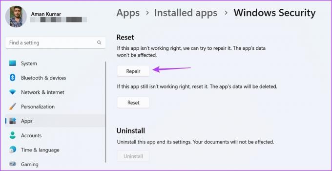 Opción de reparación para reparar la aplicación de seguridad de Windows