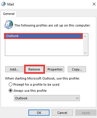 เลือกโปรไฟล์และคลิกที่ Remove 14 วิธีในการแก้ไขข้อผิดพลาด Outlook Disconnected