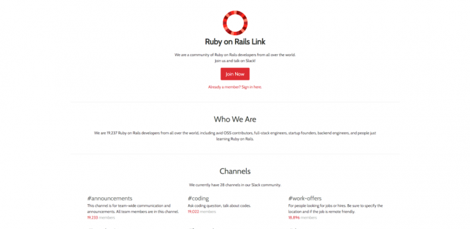 หน้าแรกของเว็บไซต์ Ruby on Rails 23 ชุมชน Slack ที่ดีที่สุดสำหรับนักพัฒนา