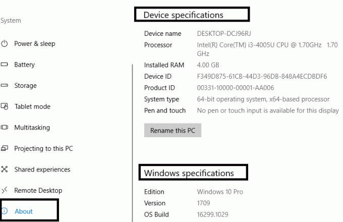 คลิกที่เกี่ยวกับและคุณสามารถตรวจสอบข้อกำหนดของอุปกรณ์ของคุณ | ตรวจสอบข้อมูลจำเพาะของพีซีของคุณบน Windows 10