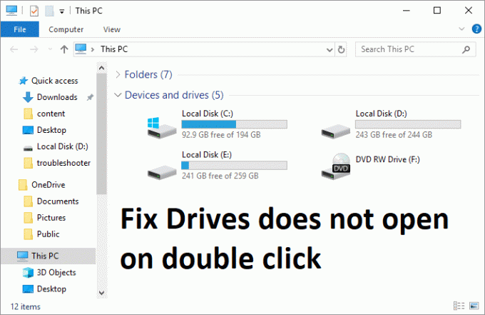 Windows 10을 두 번 클릭하면 드라이브 수정이 열리지 않습니다.