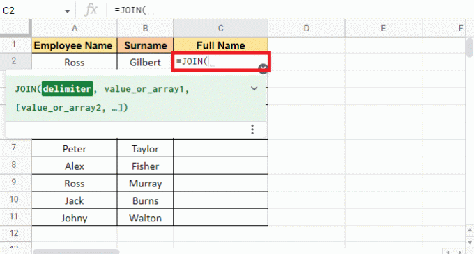 Puneți un egal cu () și începeți să tastați formula JOIN în celula în care doriți valoarea țintă 