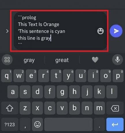 Mit dem Befehl prolog können Sie Ihren Text mit den Farben Orange, Cyan und Grau einfärben.