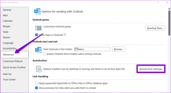 Automatinio archyvavimo nustatymai programoje „Outlook“.