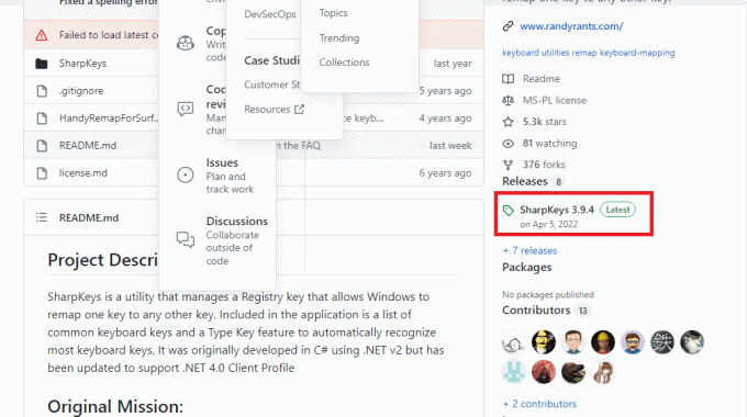 გახსენით GitHub ვებსაიტი SharpKeys-ის დასაყენებლად და დააწკაპუნეთ ვერსიაზე Releases განყოფილებაში