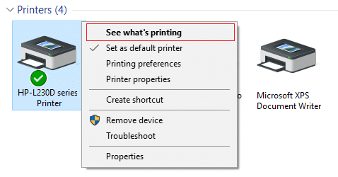 Klicken Sie mit der rechten Maustaste auf Ihren Drucker und wählen Sie Anzeigen, was gedruckt wird