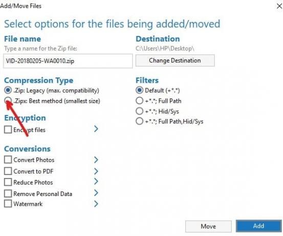 .Zipx formatı Kimden iletişim kutusunun yanındaki onay kutusunu işaretleyin