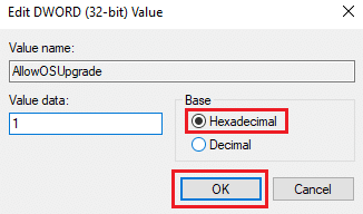 Válassza a Hexadecimális lehetőséget az Alap alatt, és kattintson az OK gombra. A 0x80070002 számú hiba javítása Windows 10 rendszerben