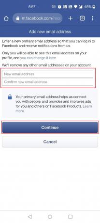 introduceți noua adresă de e-mail de două ori și apăsați pe Continuare | recuperați vechiul cont de Facebook