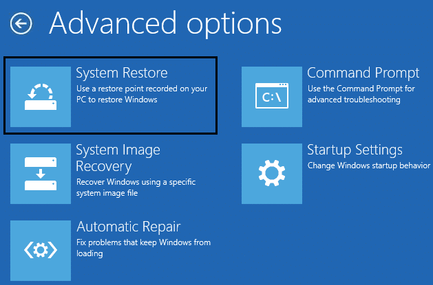 명령 프롬프트에서 시스템 복원 선택 | Windows 업데이트 고정 문제 수정