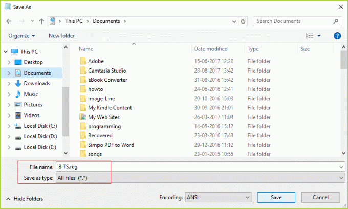 Seleccione la ubicación deseada y luego nombre el archivo como BITS.reg y haga clic en Guardar