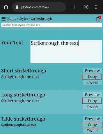 Klepněte na Kopírovat vedle buď Krátké přeškrtnutí, Dlouhé přeškrtnutí nebo Přeškrtnutí vlnovkou. | jak zvýraznit tučný text v příspěvku na Facebooku v telefonu Android