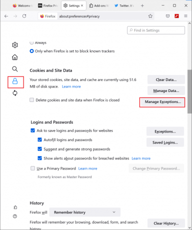 Fare clic su Gestisci eccezioni per i cookie in Firefox