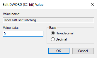 Activați sau dezactivați comutarea rapidă a utilizatorului în Editorul de registry | Activați sau dezactivați comutarea rapidă a utilizatorului în Windows 10