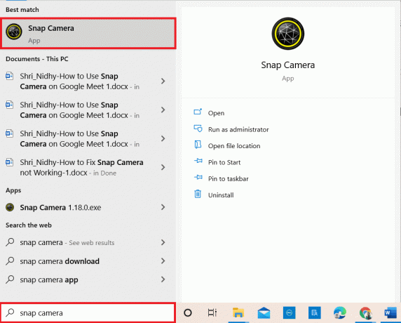Windows-ის საძიებო ზოლში ჩაწერეთ Snap Camera და გაუშვით აპლიკაცია თქვენს კომპიუტერში