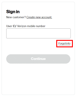 Prisijungimo puslapyje spustelėkite parinktį Pamiršau informaciją, esančią naudotojo IDVerizon mobiliojo numerio bloke. | ką daryti, jei pamiršau „Verizon“ el. pašto slaptažodį