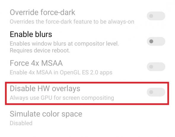 HW ओवरले अक्षम करें टॉगल करें. Android स्क्रीन झिलमिलाहट ठीक करें