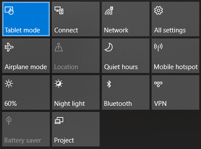 Klicka på Tablet mode under Action Center för att slå PÅ det | Hur man växlar till surfplatta-läge i Windows 10
