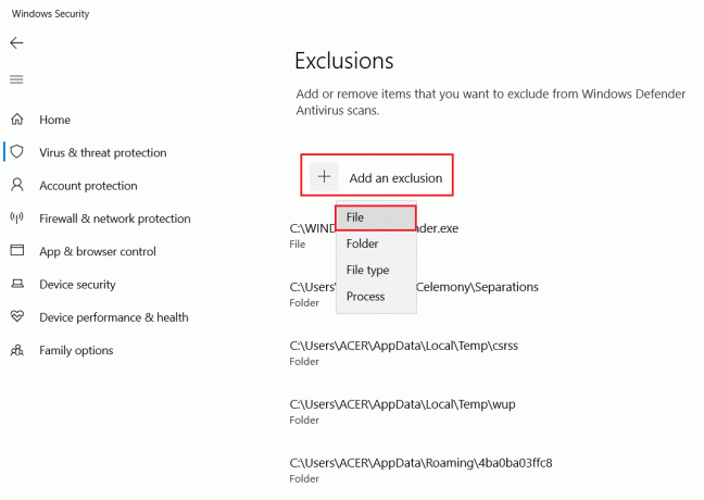 fare clic su Aggiungi un'esclusione e fare clic su File. Correggi l'errore di origine 65546: 0 in Windows 10
