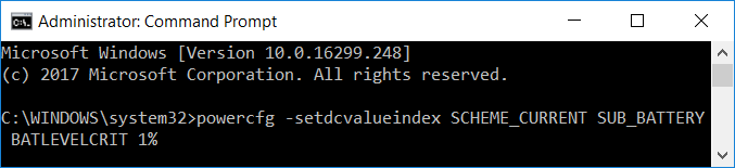 powercfg -setdcvalueindex SCHEME_CURRENT SUB_BATTERY BATLEVELCRIT 1％