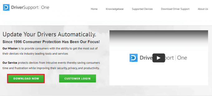 Åbn det officielle websted for Driver Support-appen, og klik på knappen DOWNLOAD NU