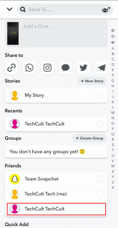 Tocca il profilo Snapchat desiderato a cui desideri inviare nuovamente questa chat | Come ripubblicare i video di Instagram su Snapchat Story