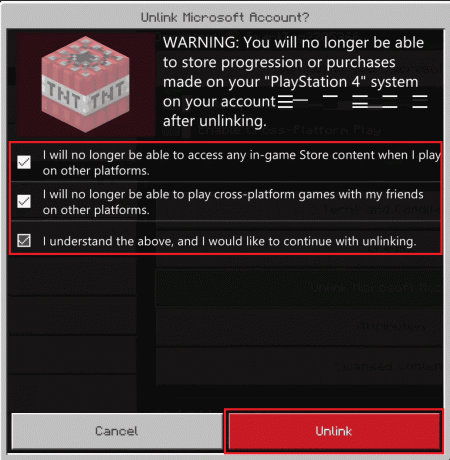 Wählen Sie alle Warn- und Vereinbarungsfelder aus. Wählen Sie die Option Verknüpfung aufheben \ Melden Sie sich bei Minecraft mit einem Microsoft-Konto auf PS4 an