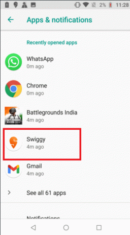 Şüpheli uygulamaları arayın ve üzerlerine dokunun. Burada örnek olarak Swiggy seçilmiştir.