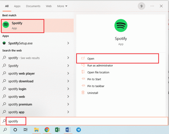 Căutați Spotify în bara de căutare și faceți clic pe rezultatul aplicației pentru a lansa aplicația pe computer. Remediați cântecul de previzualizare Spotify care nu funcționează