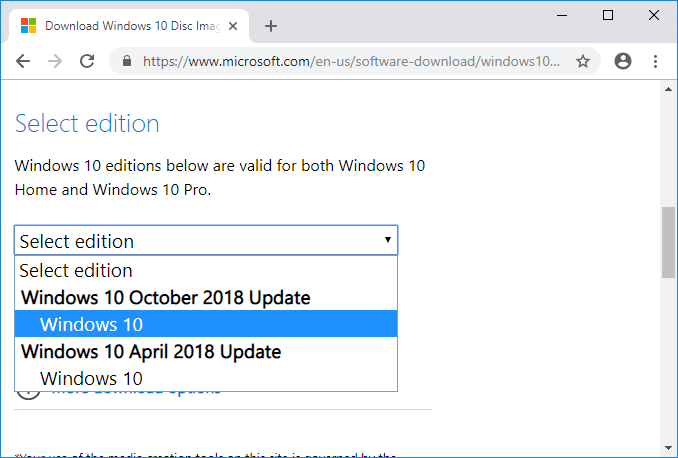 Na padajućem izborniku Odaberi izdanje odaberite izdanje sustava Windows 10 koje želite koristiti