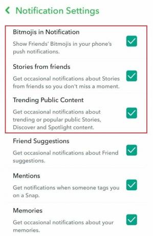 Desmarque as caixas de seleção de Bitmoji em Notificação, Histórias de amigos e Conteúdo público em alta