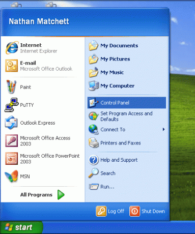 Windows XP में नियंत्रण कक्ष प्रारंभ मेनू