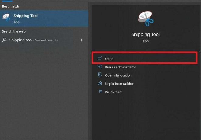 स्टार्ट बटन पर क्लिक करें और सर्च बॉक्स में स्निपिंग टूल खोजें। और Open पर क्लिक करें.