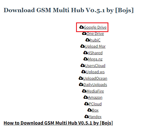 atidarykite oficialią „GSM Multi Hub Vo 5.1“ svetainę ir spustelėkite „Google“ disko parinktį 