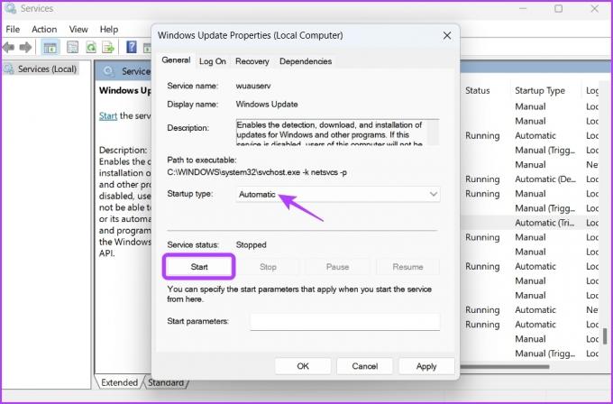 Eigenschaftenfenster des Windows Update-Dienstes im Fenster Dienste