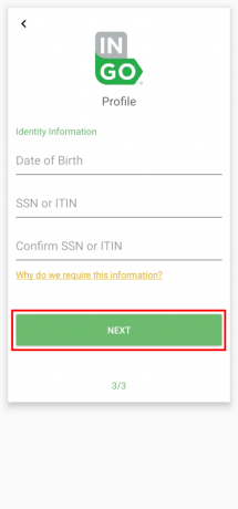 Introduceți data nașterii, SSN sau ITIN și atingeți butonul URMATOR pentru a vă verifica identitatea.