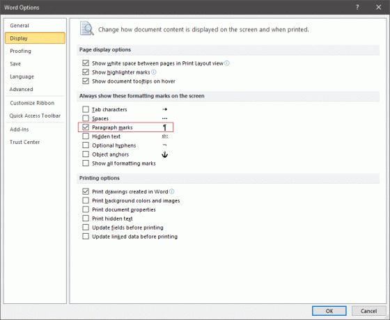 ใน Display ให้ค้นหาช่องถัดจาก " เครื่องหมายย่อหน้า" แล้วยกเลิกการเลือก