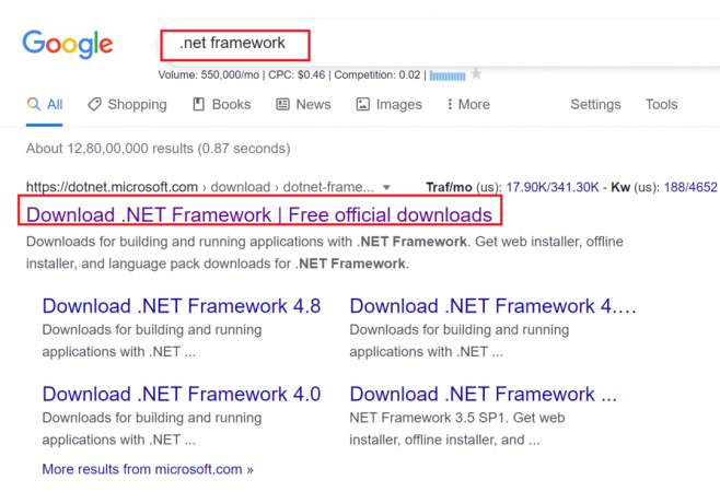 haga clic en el primer resultado de búsqueda del sitio web oficial de Microsoft titulado Descargar .NET Framework. Solucionar el error de origen 0xc00007b