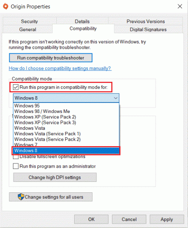 Valitse Origin Compatibility Properties -kohdassa Windows-versio Suorita tämä ohjelma yhteensopivuustilassa. Kuinka korjata Origin ei avaudu