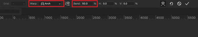 Fra Warp-feltet skal du vælge Arch-indstillingen - Fra Bend-feltet skal du indstille den ønskede bøjningsværdi | Sådan kurver du tekst i Photoshop